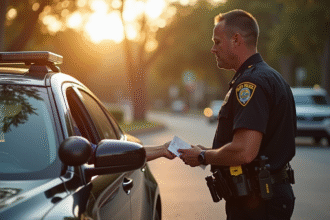 Agent de police du Texas donnant une contravention à un conducteur