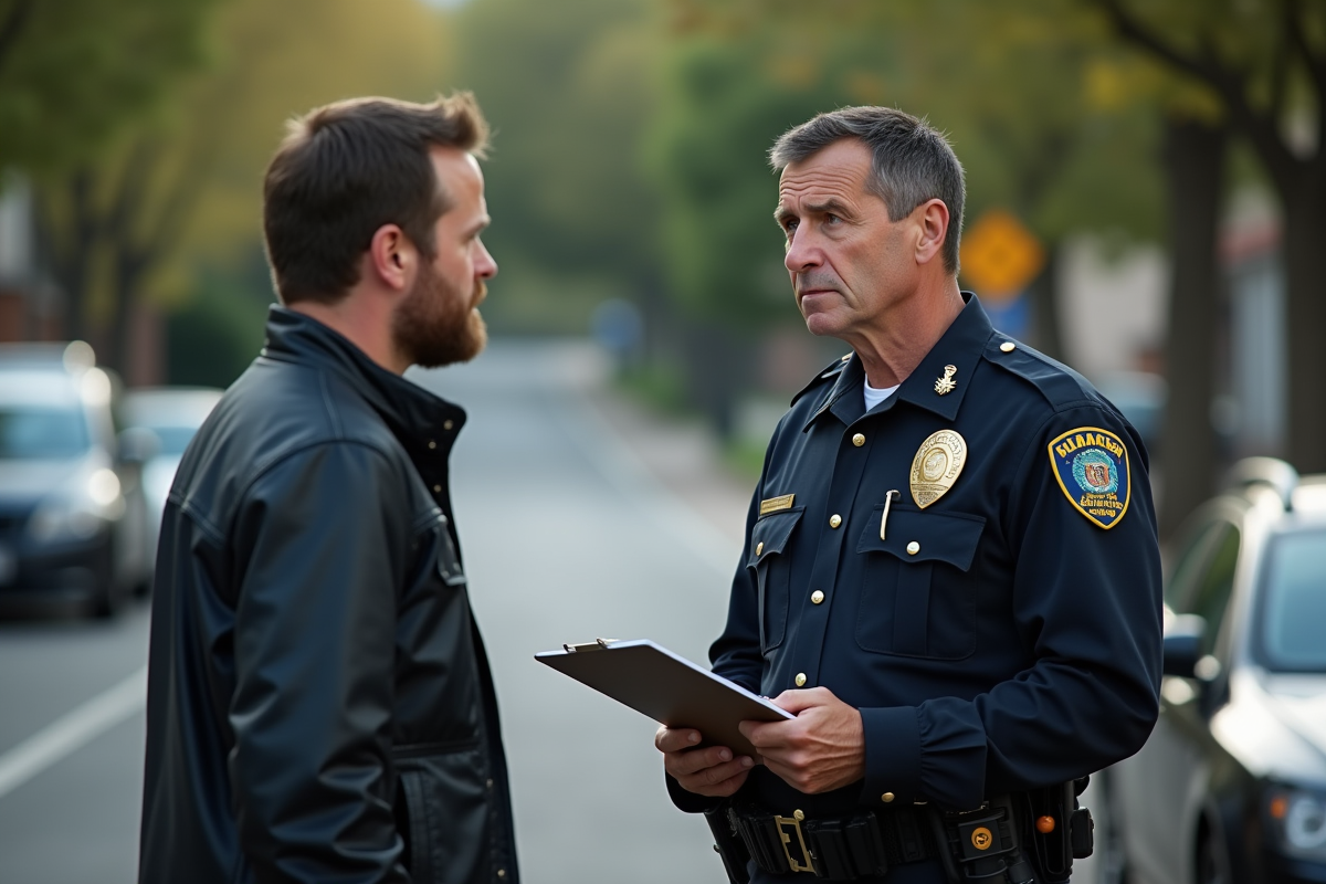 Agent de police discutant avec un jeune homme à côté d'une voiture