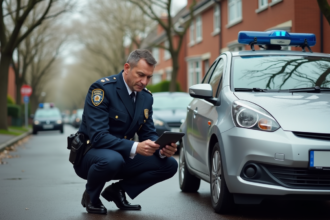 Agent de police examinant un GPS près d'une voiture dans un quartier