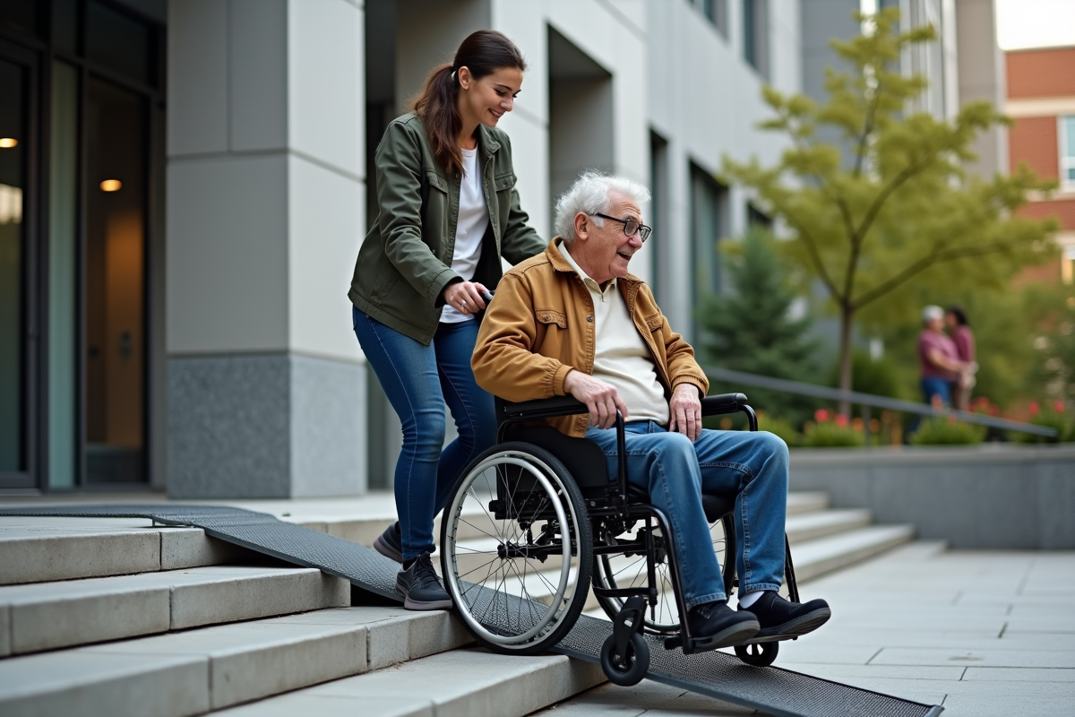 Aide à une personne âgée en fauteuil sur une rampe urbaine