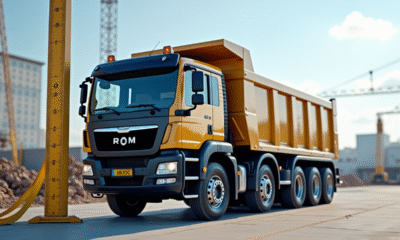 Camion benne moderne avec mètre sur site industriel