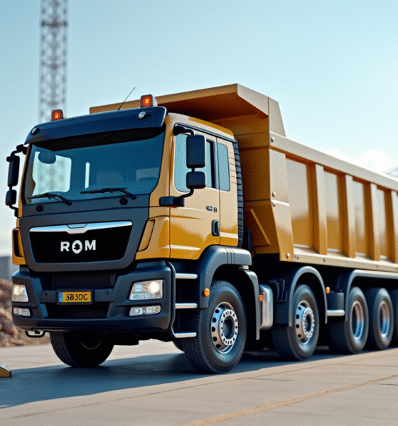 Camion benne moderne avec mètre sur site industriel