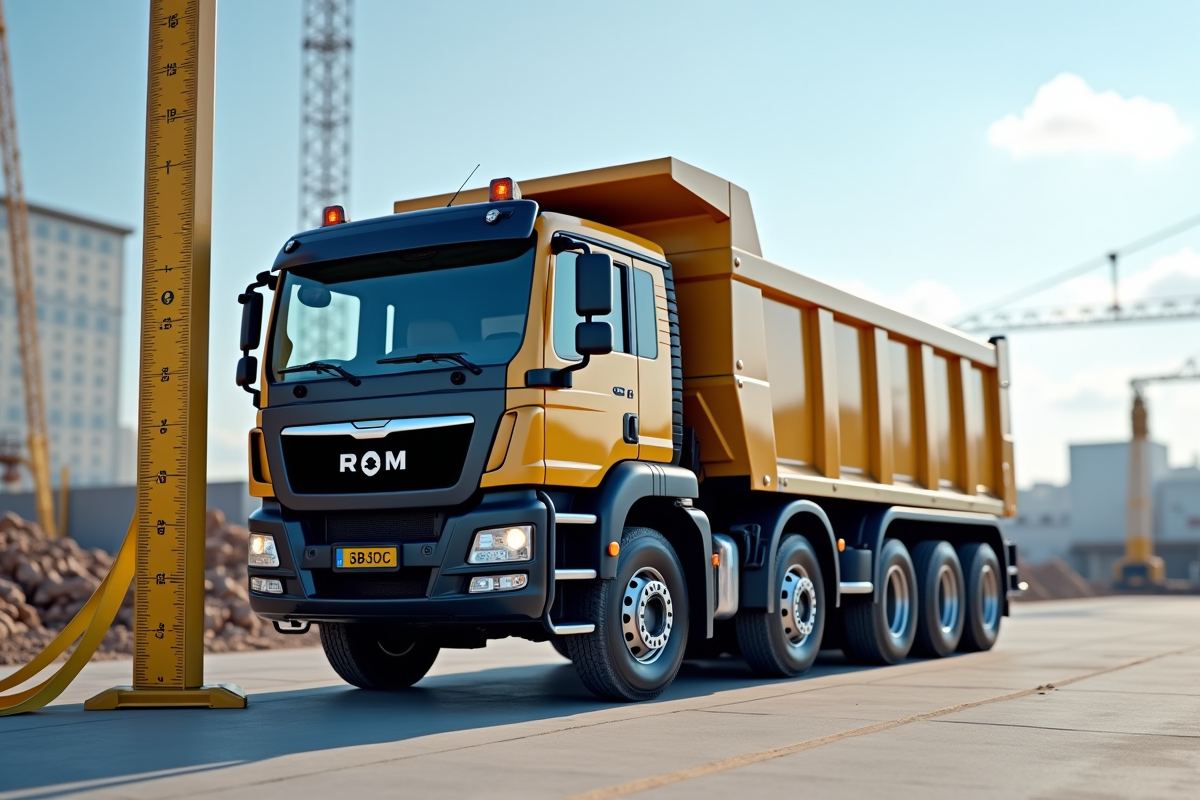 Camion benne moderne avec mètre sur site industriel