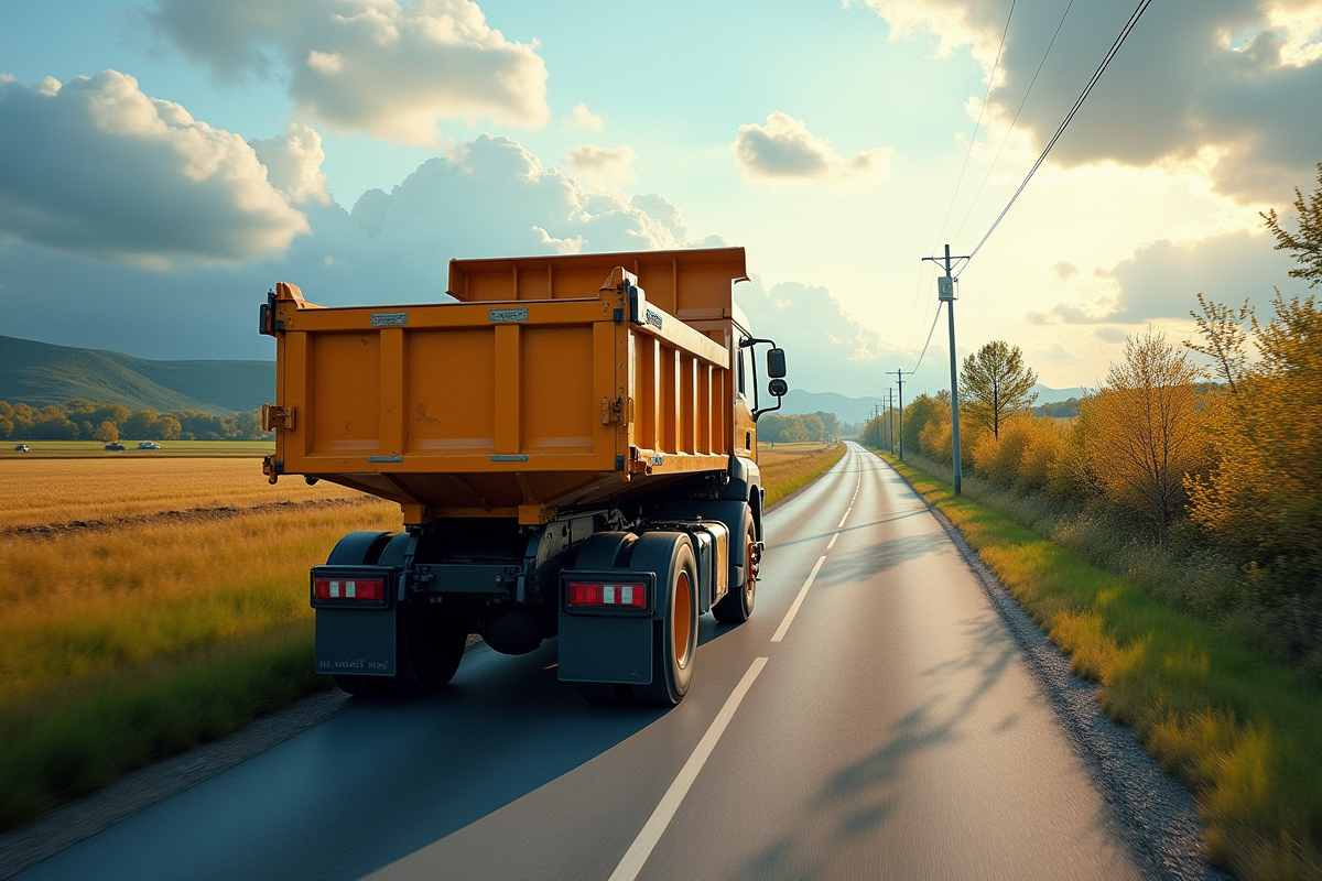 Camion benne roulant sur route rurale étroite vue aérienne