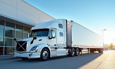 Camion neuf blanc avec remorque moderne devant concession