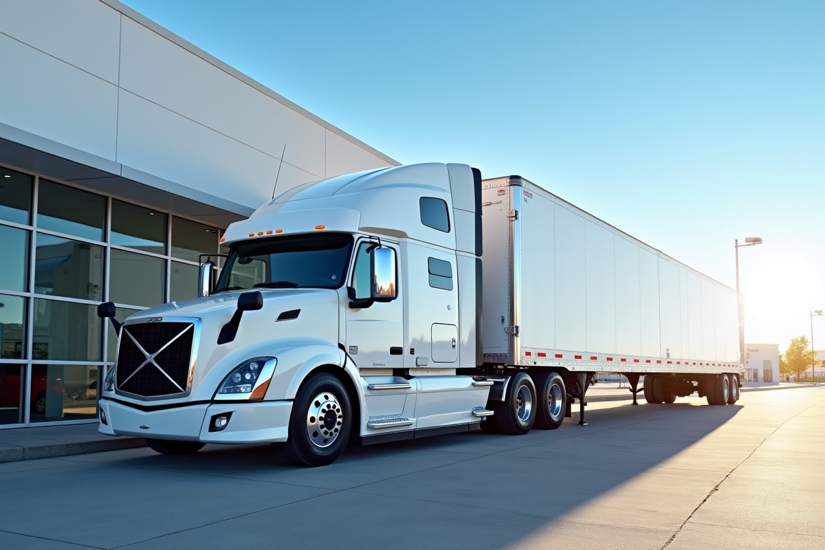 Camion neuf blanc avec remorque moderne devant concession