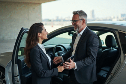 Homme d'affaires aidant une jeune femme à monter dans une berline moderne