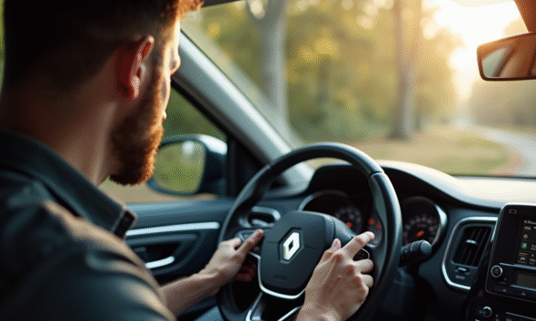Homme frustré dans une Renault regardant le tableau de bord