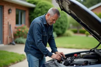 Homme moyen âge vérifiant le niveau d'huile de sa voiture dans la cour