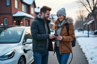 Jeune couple avec voiture électrique au Quebec