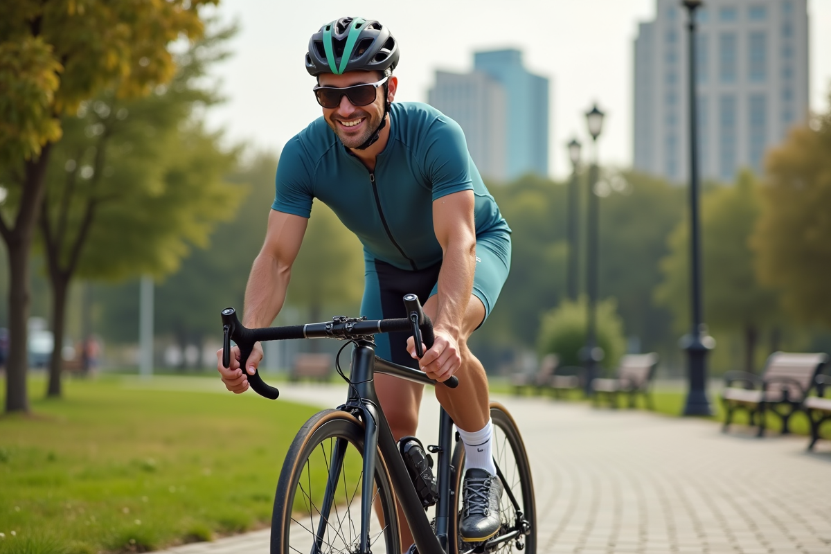 Homme cycliste souriant dans un parc urbain