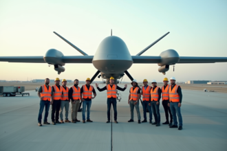 Equipe d'ingénieurs devant le plus grand drone au sol