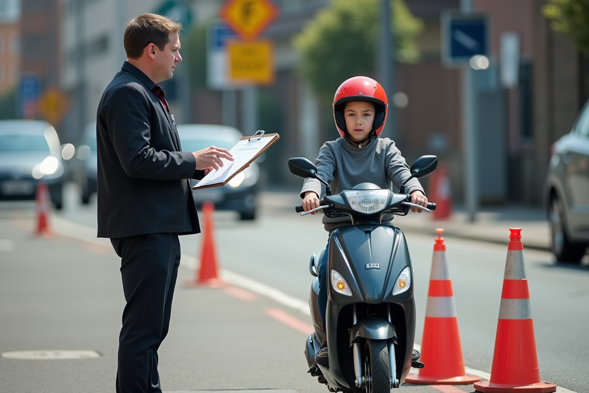 Examen BSR avec moniteur et panneau de signalisation en ville