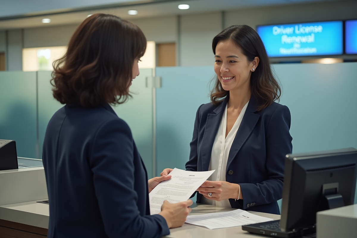 Femme d'âge moyen avec documents à un guichet administratif