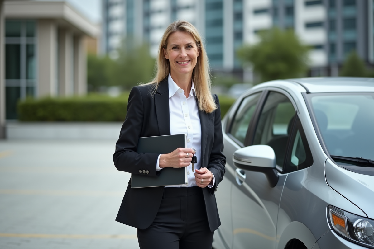 Femme d'affaires avec clés et dossier assurance devant voiture