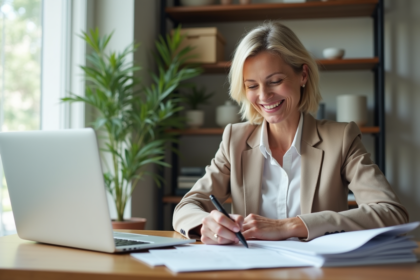 Femme souriante vérifiant des documents d'assurance dans un bureau lumineux