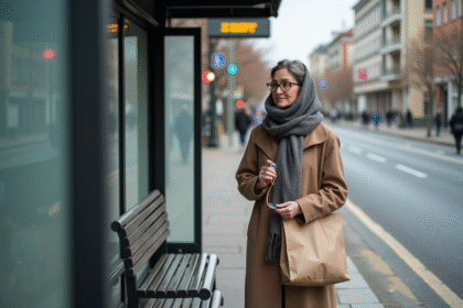 Femme d'âge moyen attendant le bus dans la ville