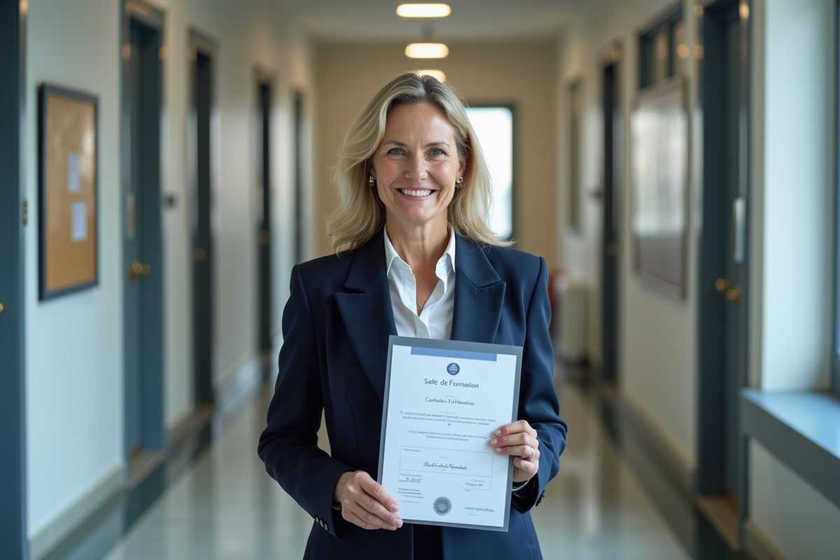 Femme française avec certificat dans un couloir institutionnel