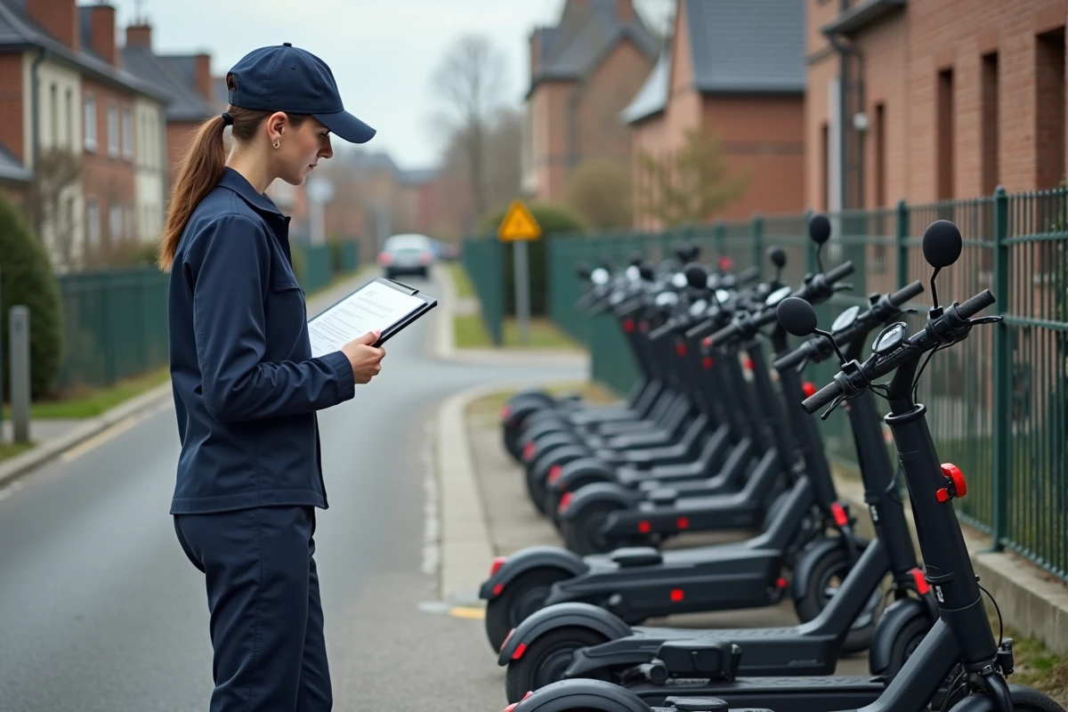 Femme agent municipal inspectant scooters dans quartier