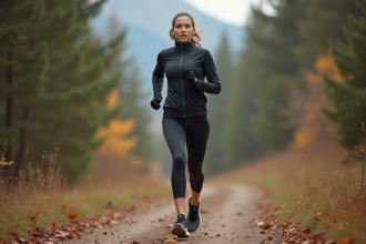 Jeune femme en course dans la forêt automnale