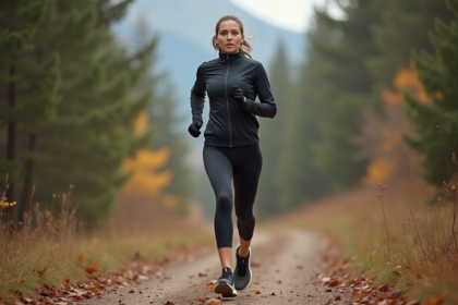 Jeune femme en course dans la forêt automnale