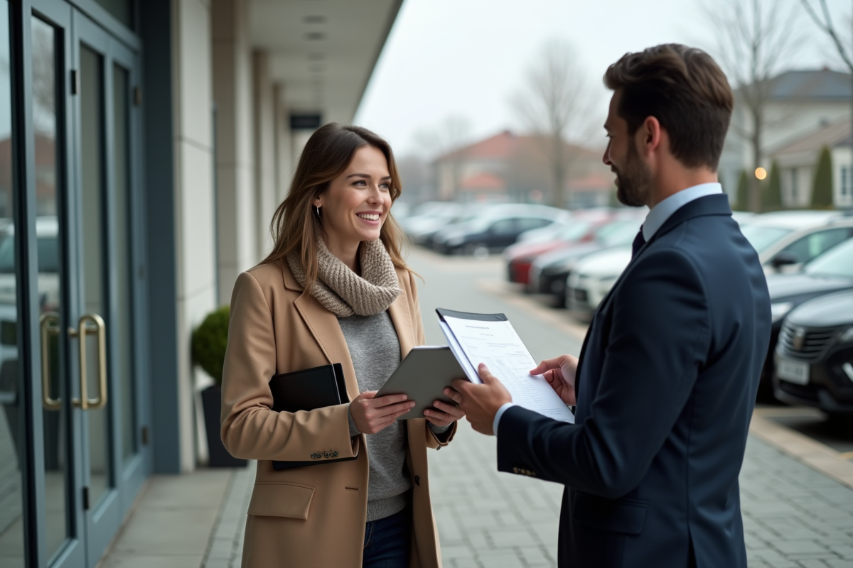 Femme remettant des papiers à un conseiller automobile devant un concessionnaire