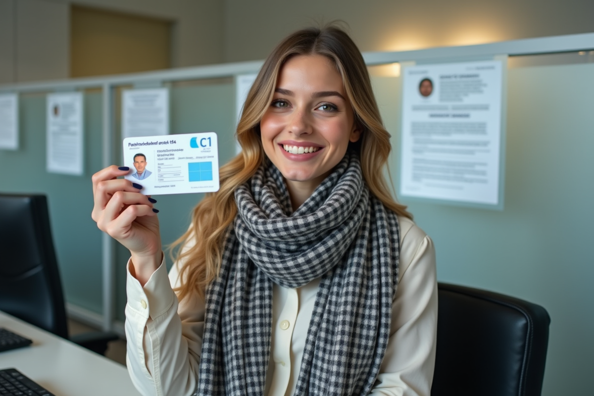 Femme tenant son permis de conduire dans un bureau