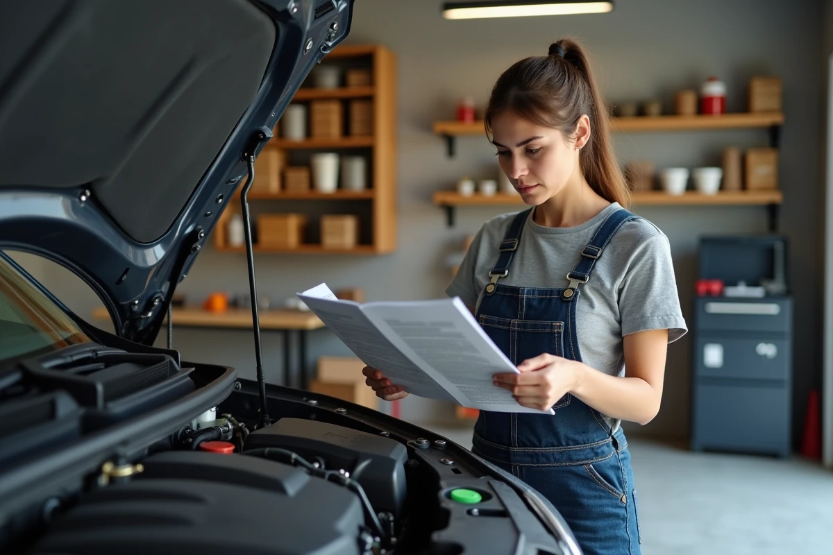 Jeune femme lisant manuel de réparation dans un garage propre