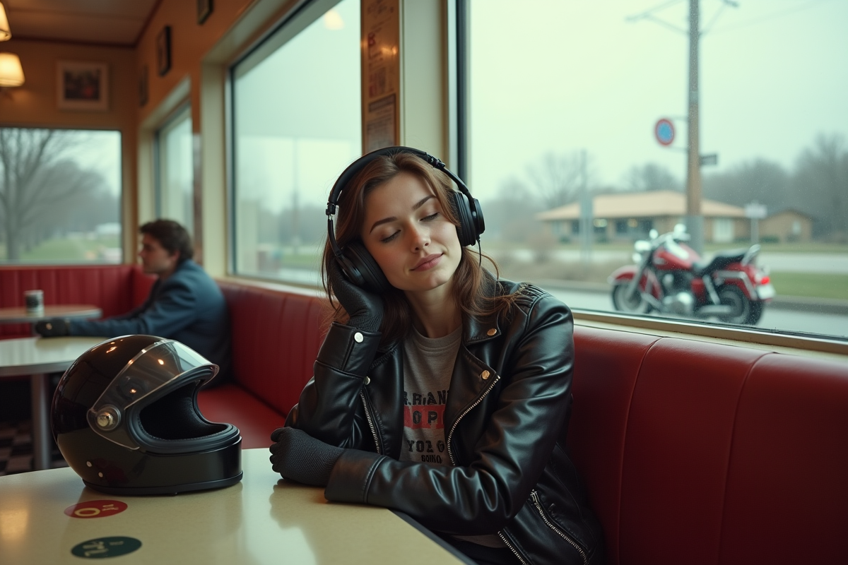 Jeune femme écoute de la musique dans un diner vintage