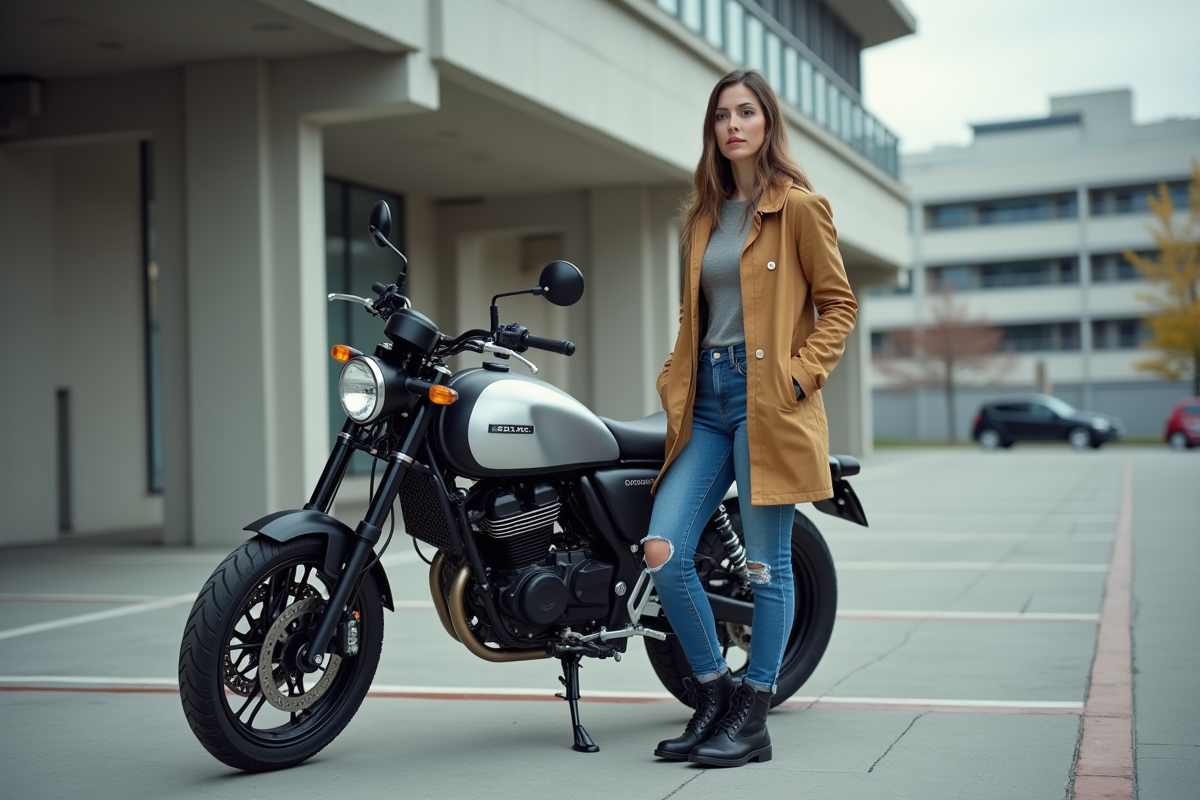 Femme avec moto électrique dans un parking urbain