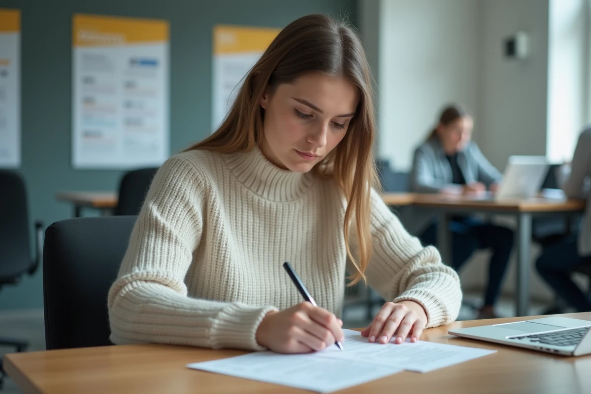 Jeune femme remplissant des papiers dans un bureau moderne de préfecture