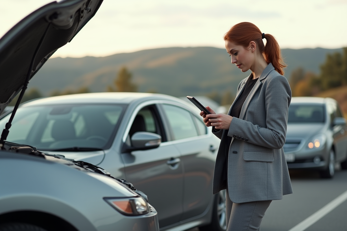 Femme vérifiant le moteur de sa voiture au repos