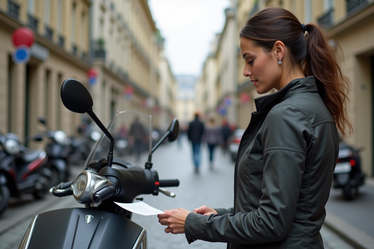 Jeune femme avec scooter moderne dans une rue parisienne