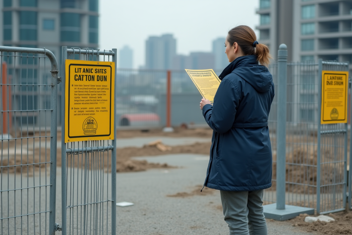 Femme lisant un panneau de sécurité sur un chantier
