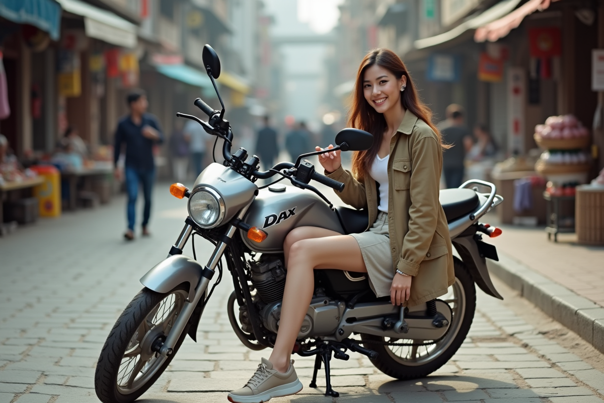 Femme souriante près de la Honda Dax 125 en marché urbain