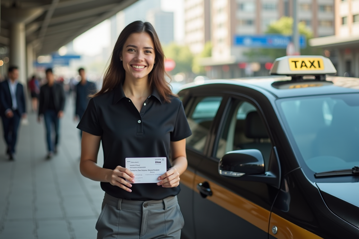 Jeune femme fière avec son permis de taxi devant son véhicule