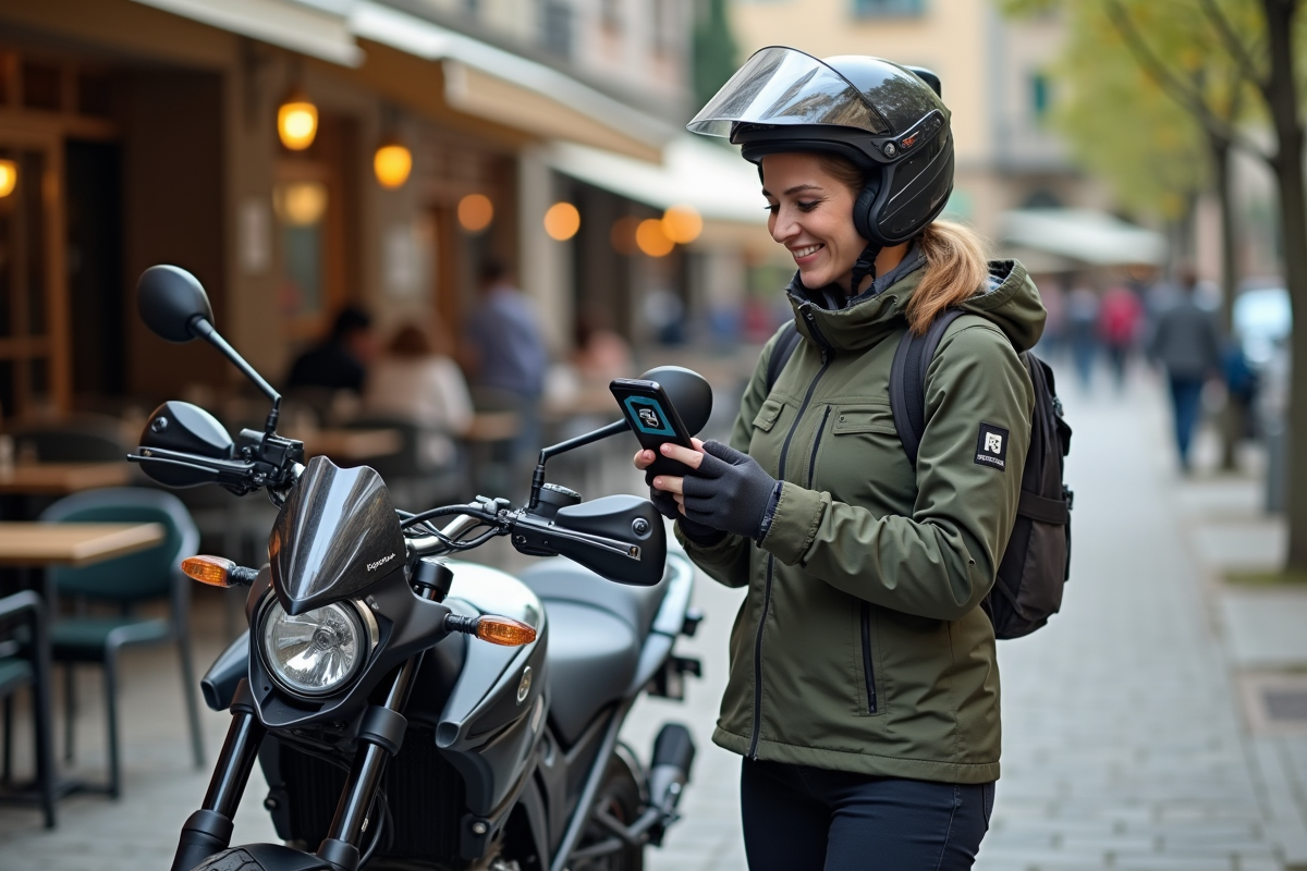Femme vérifiant une application GPS sur son smartphone à côté de sa moto