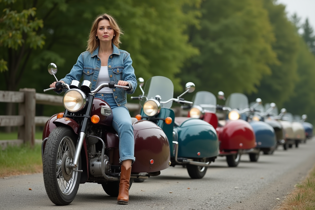 Jeune femme assise dans un sidecar de moto vintage en campagne