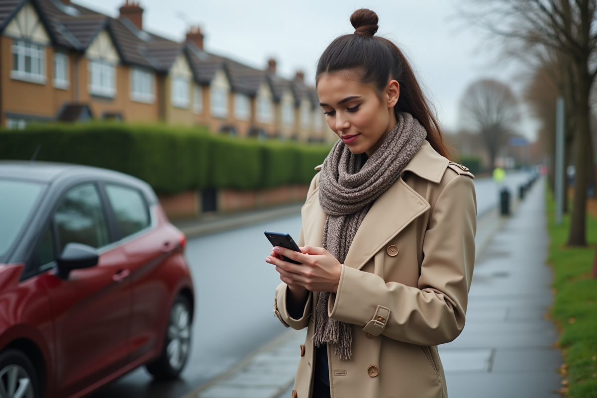 Jeune femme avec trench et smartphone devant sa voiture