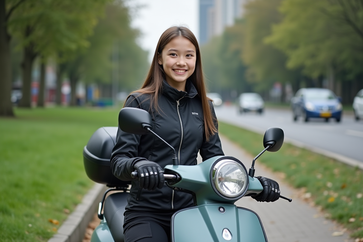 Fille souriante sur scooter dans parc urbain