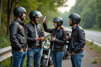 Groupe de motards souriants en balade en campagne