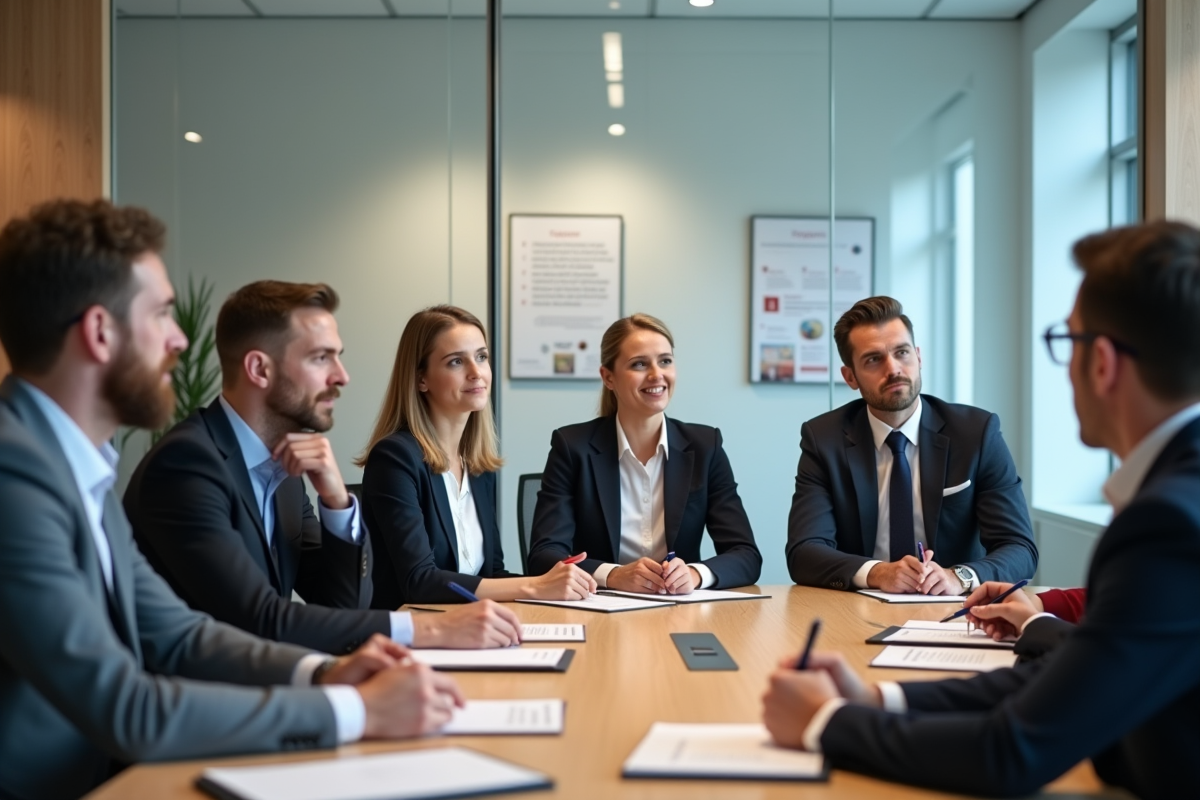 Groupe de salariés français en formation en salle moderne