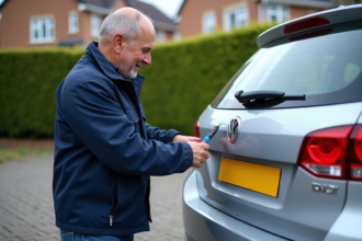 Homme en extérieur fixant une nouvelle plaque d'immatriculation