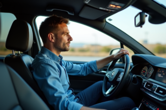 Homme au volant d'une voiture moderne en conduite