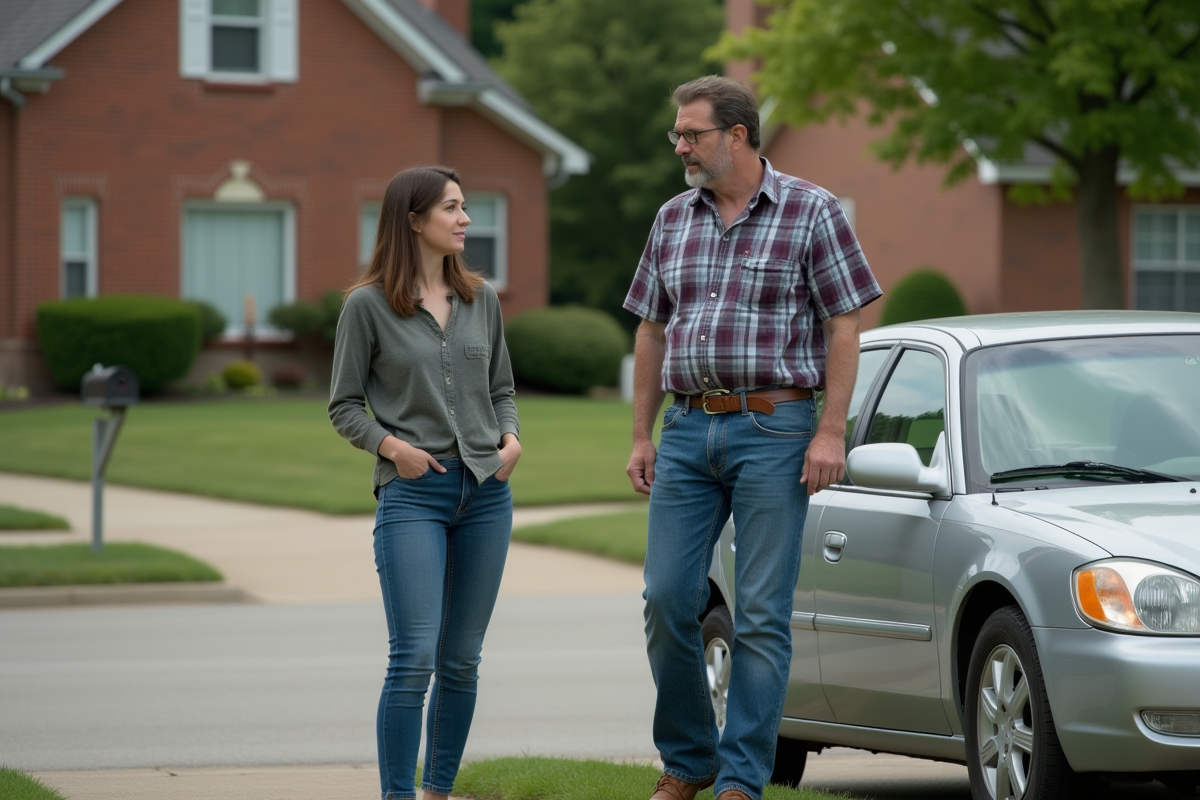 Homme et femme discutant près d'une voiture dans un quartier résidentiel