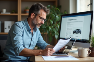 Homme français au bureau saisissant des détails de son document
