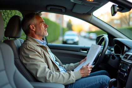 Homme français assis dans sa voiture avec des papiers