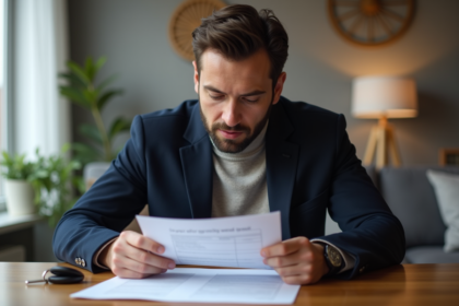 Homme lisant un contrat de location voiture dans un appartement