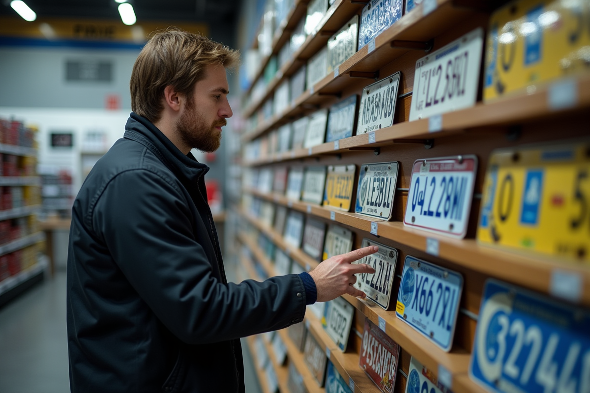 Jeune homme examinant des plaques d'immatriculation françaises