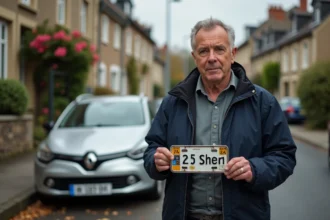 Homme français tenant une vieille plaque d'immatriculation dans une rue résidentielle